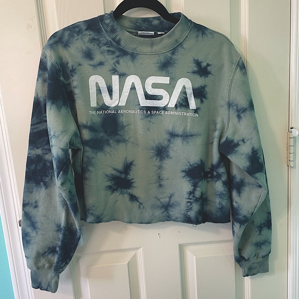 Mighty Fine size L NASA green & blue tie-dyed crop hoodie- soft, great condition